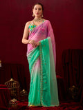 Womens Designer Crunchy Chiffon Shaded Saree with Embroidery & Floral Printed Blouse