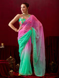 Womens Designer Crunchy Chiffon Shaded Saree with Embroidery & Floral Printed Blouse