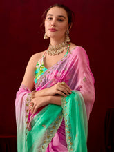 Womens Designer Crunchy Chiffon Shaded Saree with Embroidery & Floral Printed Blouse