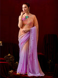 Purple-Peach Embroidered Crunchy Designer Saree with Floral Printed Blouse