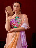Purple-Peach Embroidered Crunchy Designer Saree with Floral Printed Blouse