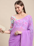Womens Pure Georgette Purple Solid Saree with Printed Blouse