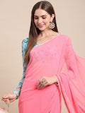Womens Pure Georgette Peach Solid Saree with Printed Blouse