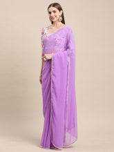 Womens Pure Georgette Purple Solid Saree with Printed Blouse