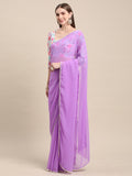 Womens Pure Georgette Purple Solid Saree with Printed Blouse