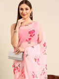 Womens Pure Georgette Pink floral Saree