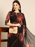Womens Floral Printed Black Georgette Saree