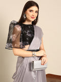 Designer Solid Grey Saree with Floral Printed Blouse