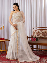 Womens Designer Sequence Embroidery White Saree