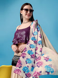 Womens Designer Ivory Printed Saree with Purple Sequence Blouse