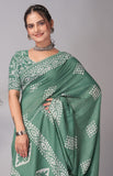 Womens Pure Mul Cotton Batik Print Green Saree