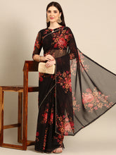 Womens Floral Printed Black Georgette Saree