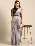 Designer Solid Grey Saree with Floral Printed Blouse