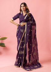Womens Designer Crunchy Silk Chiffon Embroidery Saree