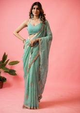 Womens Designer Crunchy Silk Chiffon Embroidery Saree