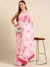 Womens Pure Georgette Pink floral Saree