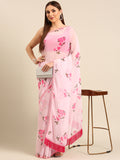 Womens Pure Georgette Pink floral Saree