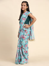Girls Floral Printed Ready to Wear Saree with Unstitched Velvet Sequin Blouse