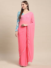 Womens Pure Georgette Peach Solid Saree with Printed Blouse
