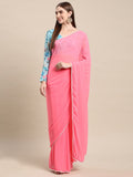 Womens Pure Georgette Peach Solid Saree with Printed Blouse