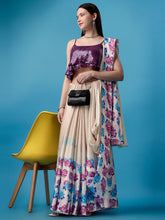 Womens Designer Ivory Printed Saree with Purple Sequence Blouse