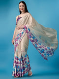 Womens Designer Ivory Printed Saree with Purple Sequence Blouse