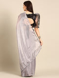 Designer Solid Grey Saree with Floral Printed Blouse