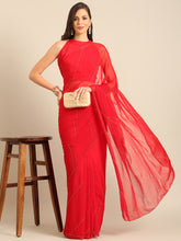 Pure Chiffon Cutdana Handwork Red Saree