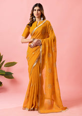 Womens Designer Crunchy Silk Chiffon Embroidery Saree