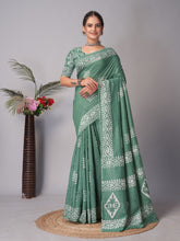 Womens Pure Mul Cotton Batik Print Green Saree