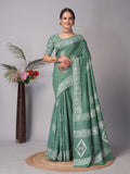 Womens Pure Mul Cotton Batik Print Green Saree