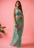 Womens Designer Crunchy Silk Chiffon Embroidery Saree