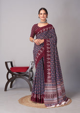 Womens Pure Mul Cotton Ajrakh Print Saree