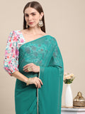 Womens Pure Georgette Rama Solid Saree with Printed Blouse