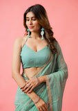 Womens Designer Crunchy Silk Chiffon Embroidery Saree