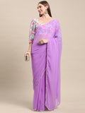 Womens Pure Georgette Purple Solid Saree with Printed Blouse
