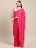 Womens Pure Georgette Rani Solid Saree with Printed Blouse