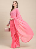 Womens Pure Georgette Peach Solid Saree with Printed Blouse