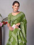Womens Pure Mul Cotton Batik Print Wine Batik Mango Green Saree