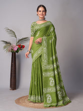 Womens Pure Mul Cotton Batik Print Wine Batik Mango Green Saree