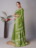 Womens Pure Mul Cotton Batik Print Wine Batik Mango Green Saree