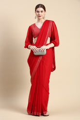 Womens Stylish Red Chiffon Saree with Sequence Border & Blouse