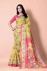 Kalamkari Printed Zari Linen Saree