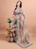 Floral Printed Zari Linen Saree