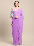Womens Pure Georgette Purple Solid Saree with Printed Blouse