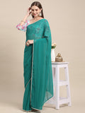 Womens Pure Georgette Rama Solid Saree with Printed Blouse