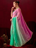 Womens Designer Crunchy Chiffon Shaded Saree with Embroidery & Floral Printed Blouse