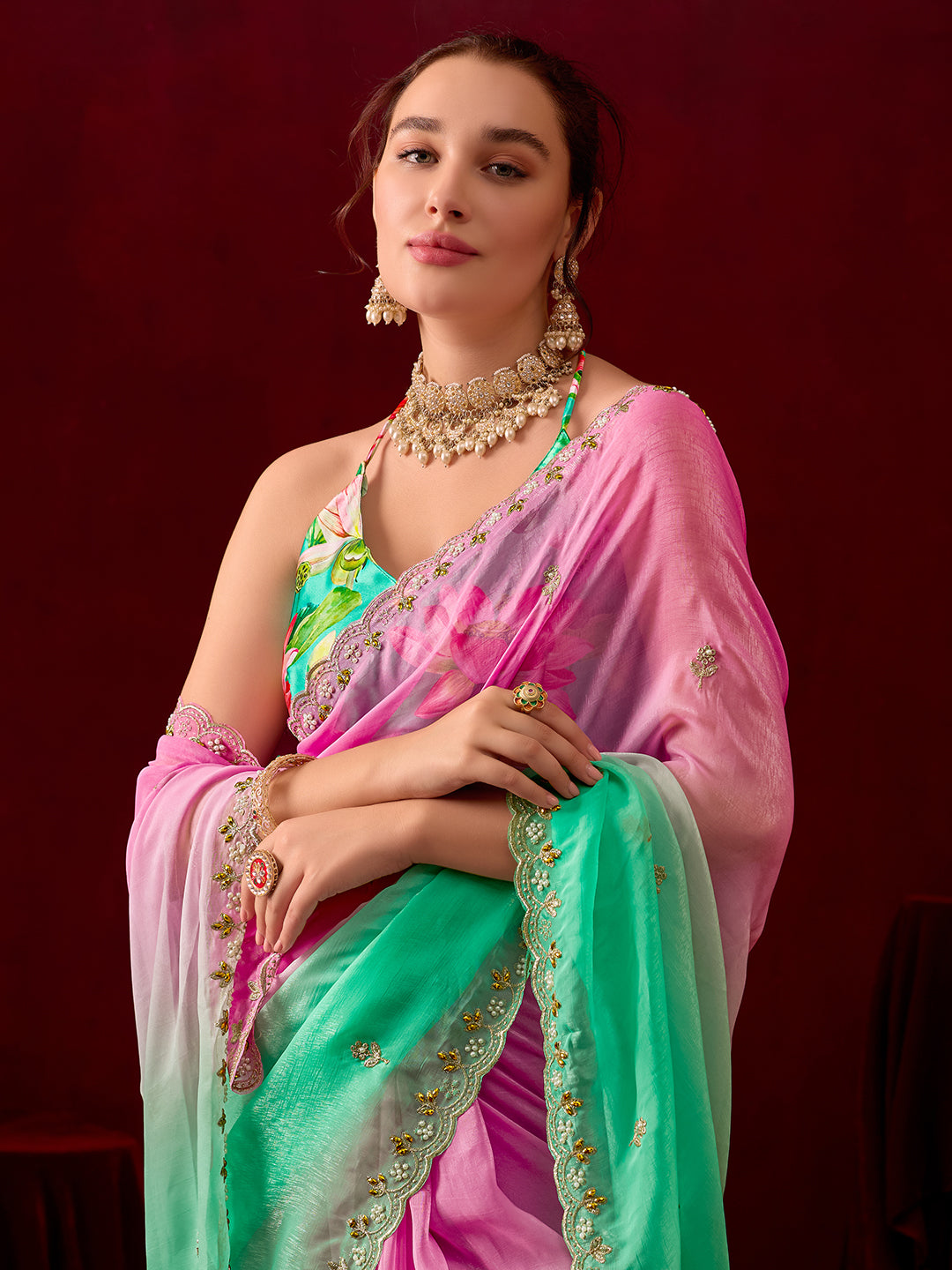 Womens Designer Crunchy Chiffon Shaded Saree with Embroidery & Floral Printed Blouse