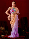 Purple-Peach Embroidered Crunchy Designer Saree with Floral Printed Blouse