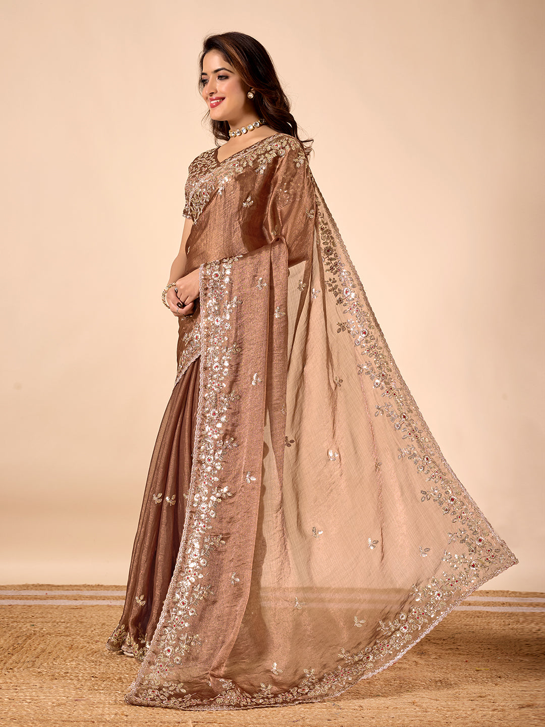 Women's Designer Embroidered Fendy Chiffon Sarees